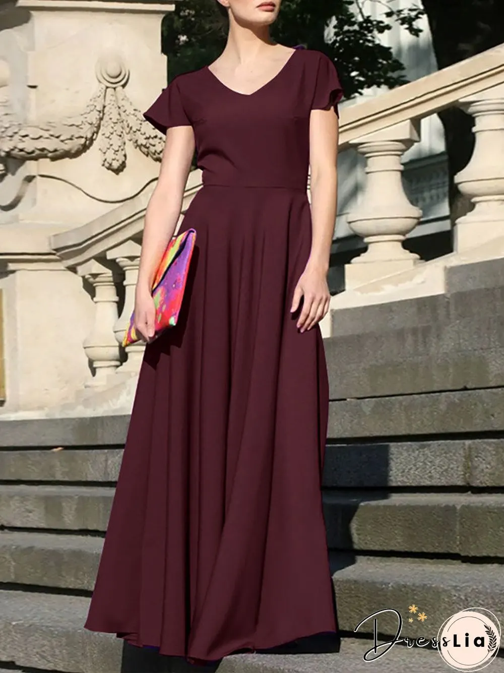 Women Solid Cap Sleeve V-neck Swing Maxi Dress