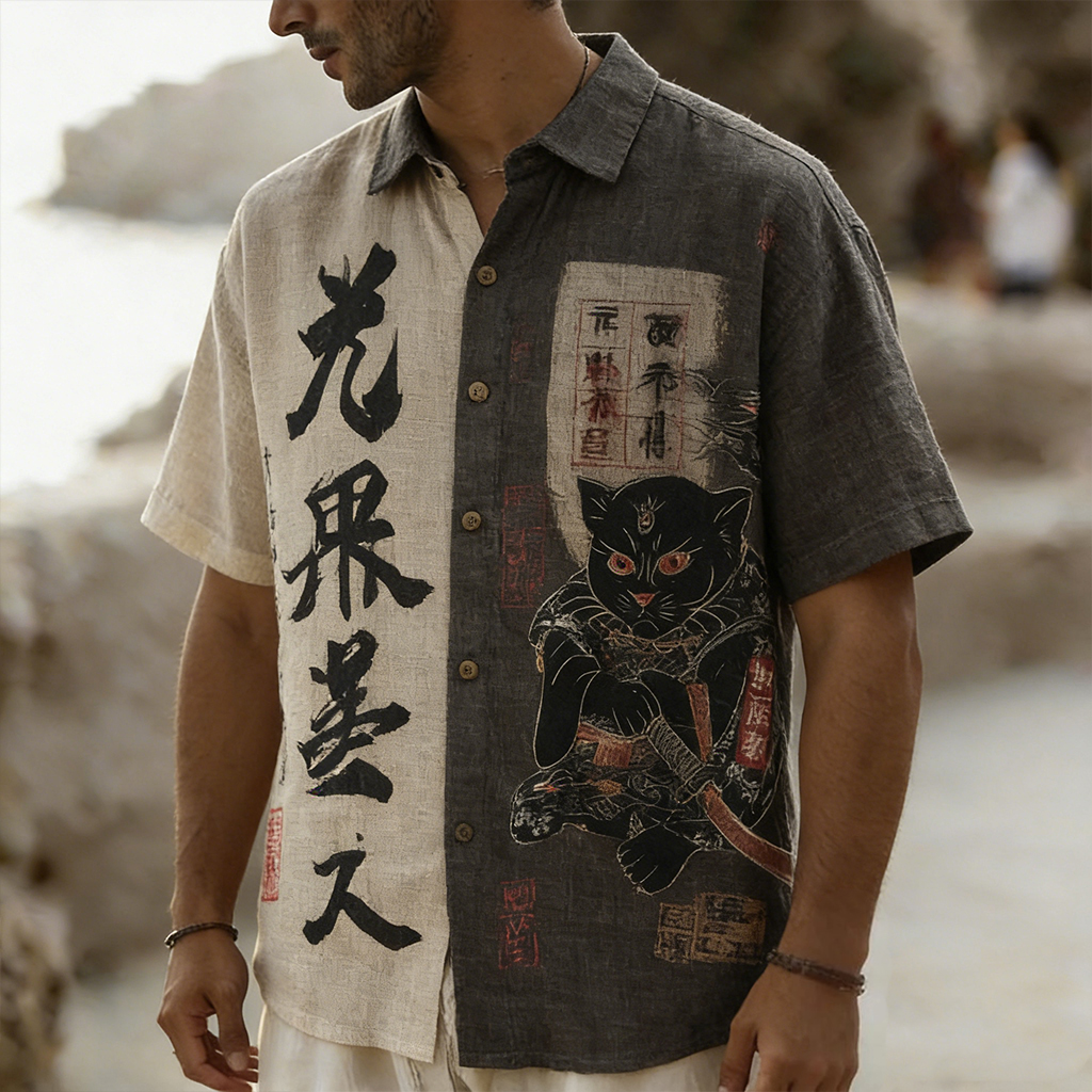 Men's Retro Japanese Samurai Cat Calligraphy Art Pattern Casual Linen Blend Shirt  artssus