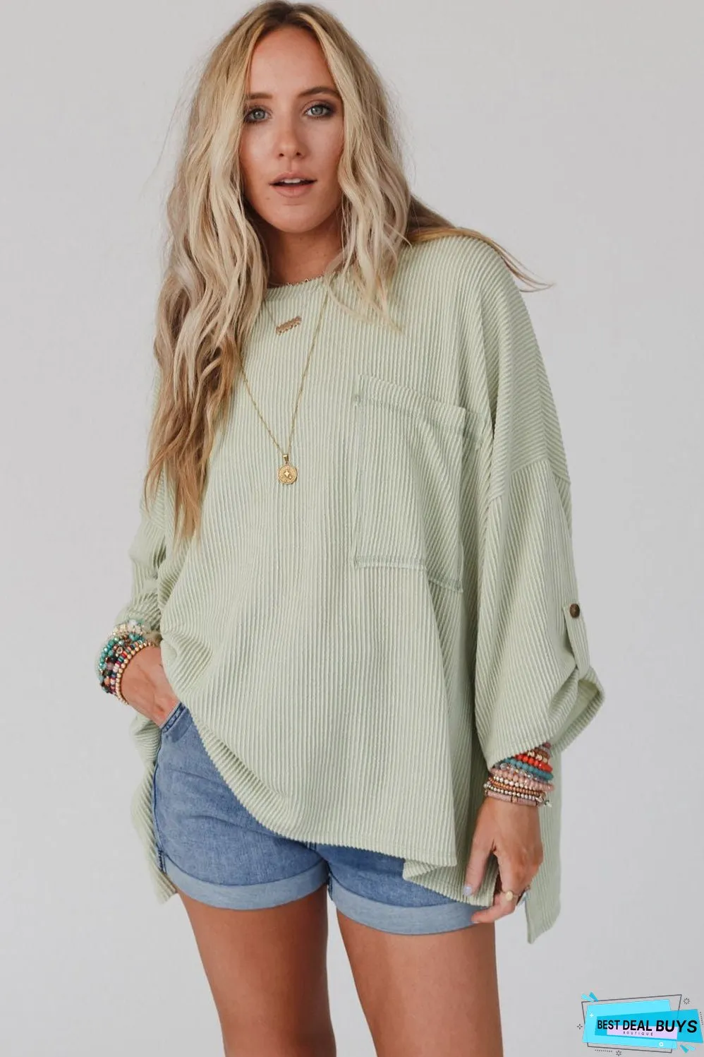 Ribbed Roll-tab Sleeve Oversize Top