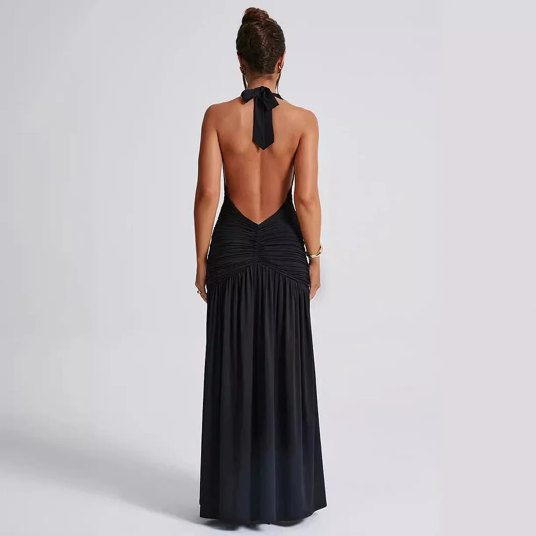 Uveng Uveng Ins Dress Spring And Summer Sexy Hot Girl Tie V Neck Tie Open Back Slit Stylish Temperament Dress