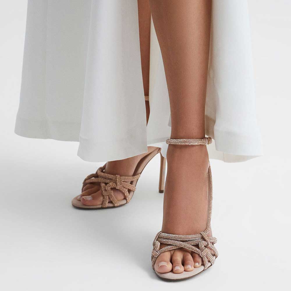 Nude Round Toe 4'' Chunky Heel Rhinestone Strappy Sandals Nicepairs