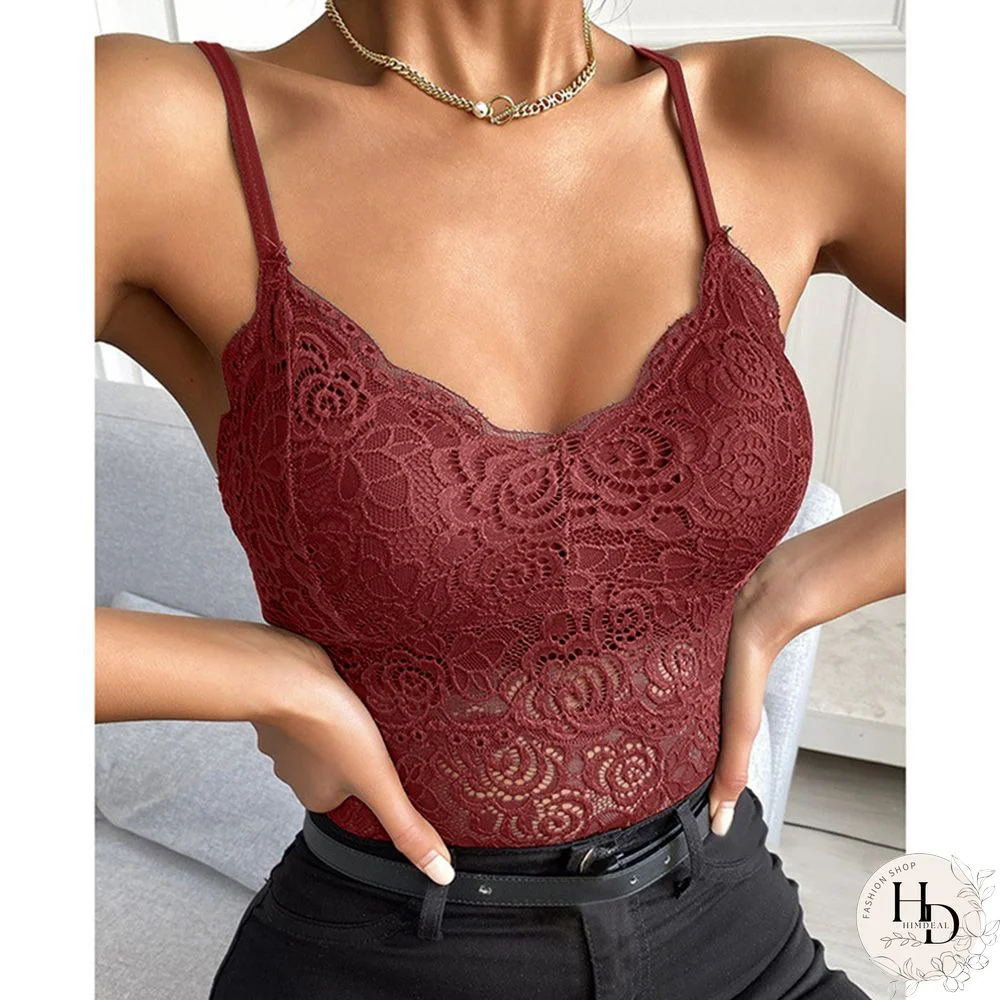 Solid Corset Lace Camis Tops For Women Soft V Neck Tops Hollow Sheer Lace Mesh Camisoles Bralette Spaghetti Strap Vest Female