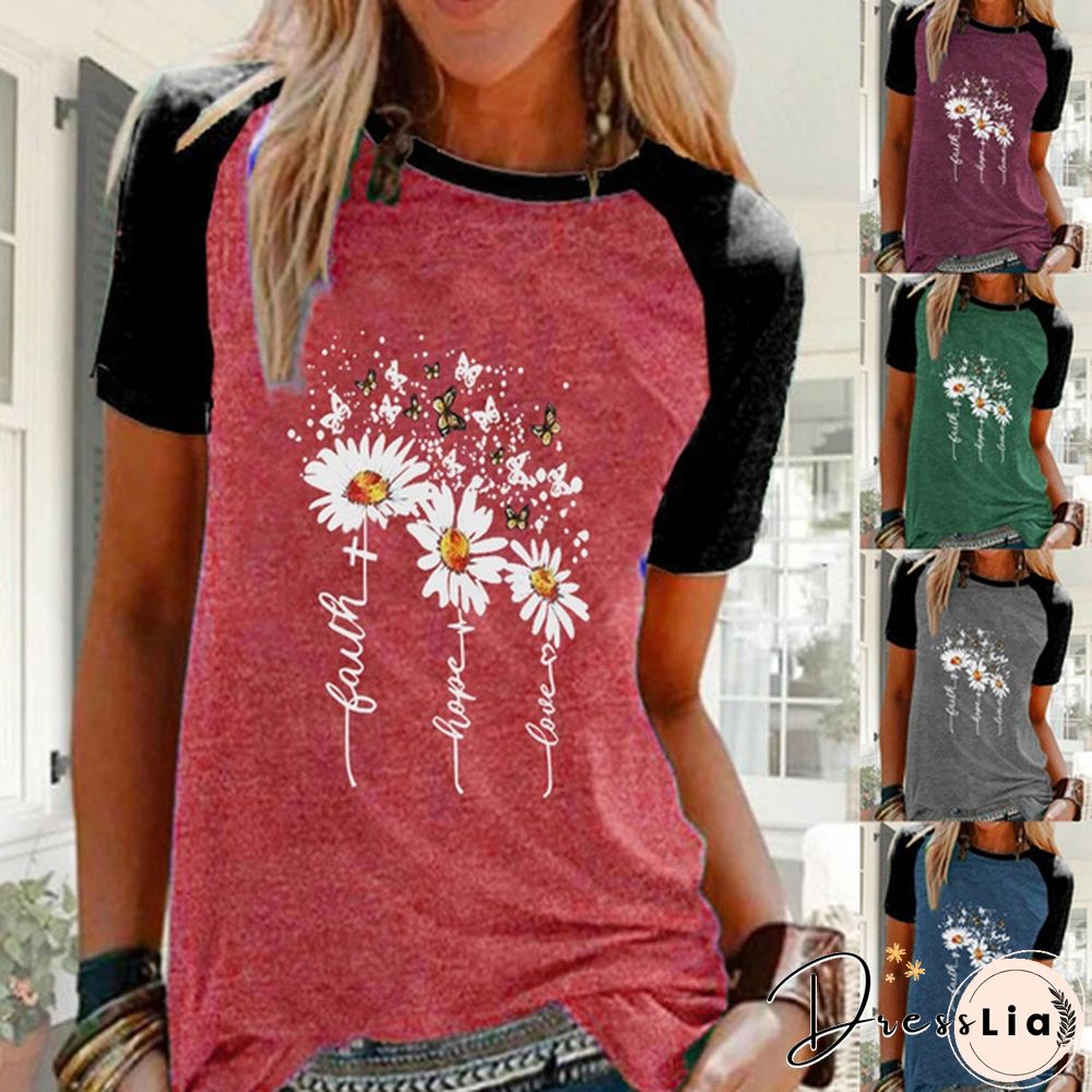 Women's Daisy Printed Round Neck Comfortable Sports T-shirt Plus Size Casual Short Sleeve Tops Blouse