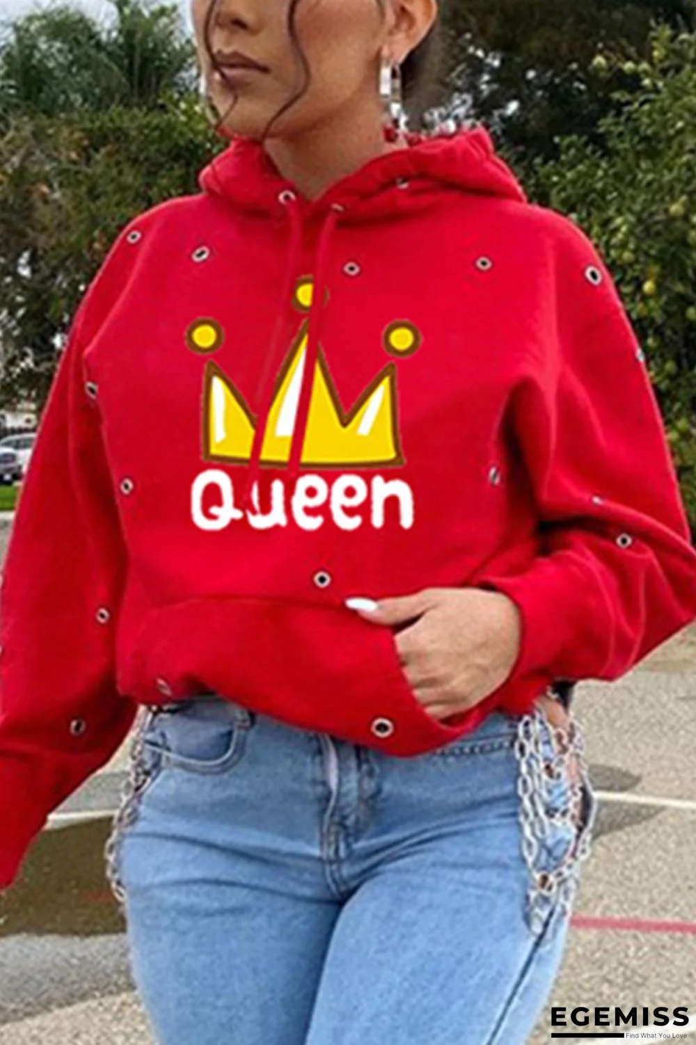 Red Fashion Casual Print Basic Hooded Collar Tops | EGEMISS