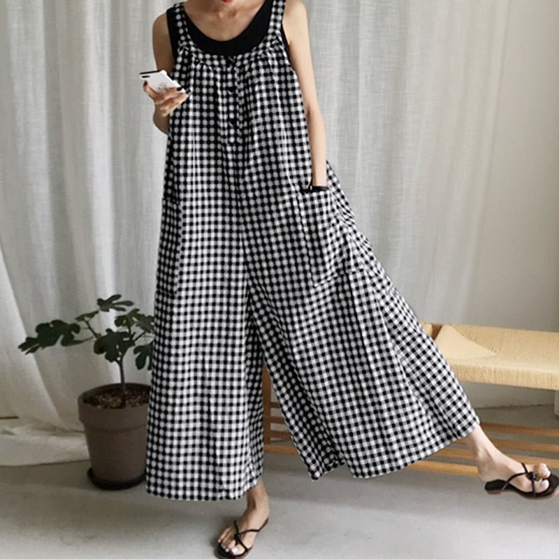 Celmia 2022 Summer Fashion Women Vintage Plaid Long Jumpsuits Wide Leg Pants Sleeveless Casual Loose Playsuits Bohemian Overalls
