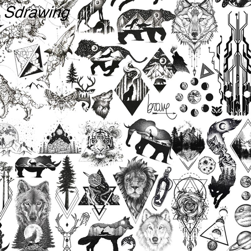 Sdrawing Fake Black Animal Temporary Tattoos Sticker For Men Women Geometric Wolf Outer Space Tatoo Temporary Decal For Kids