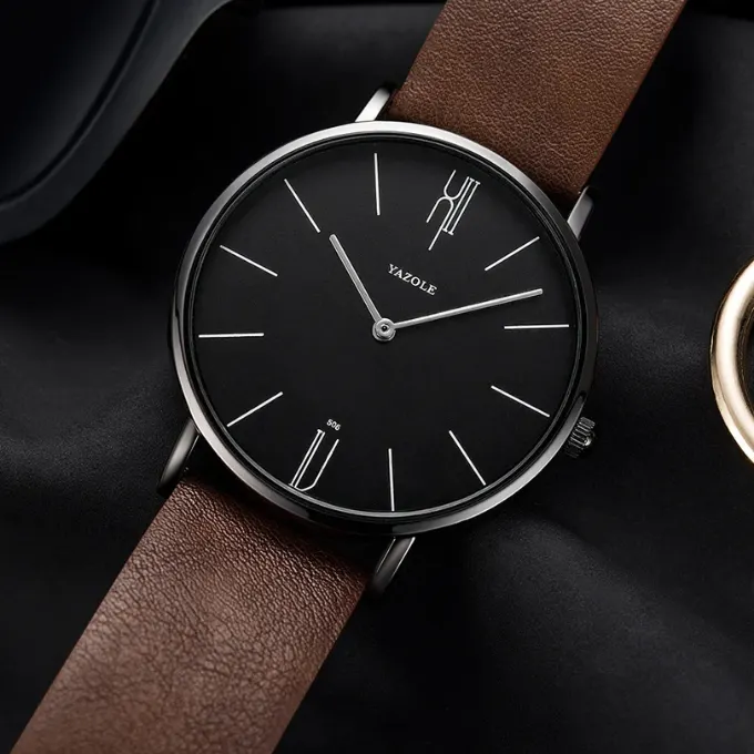 Men's Leather Strap Dress Watch &ndash; Slim Stainless Steel Case &ndash; view 2