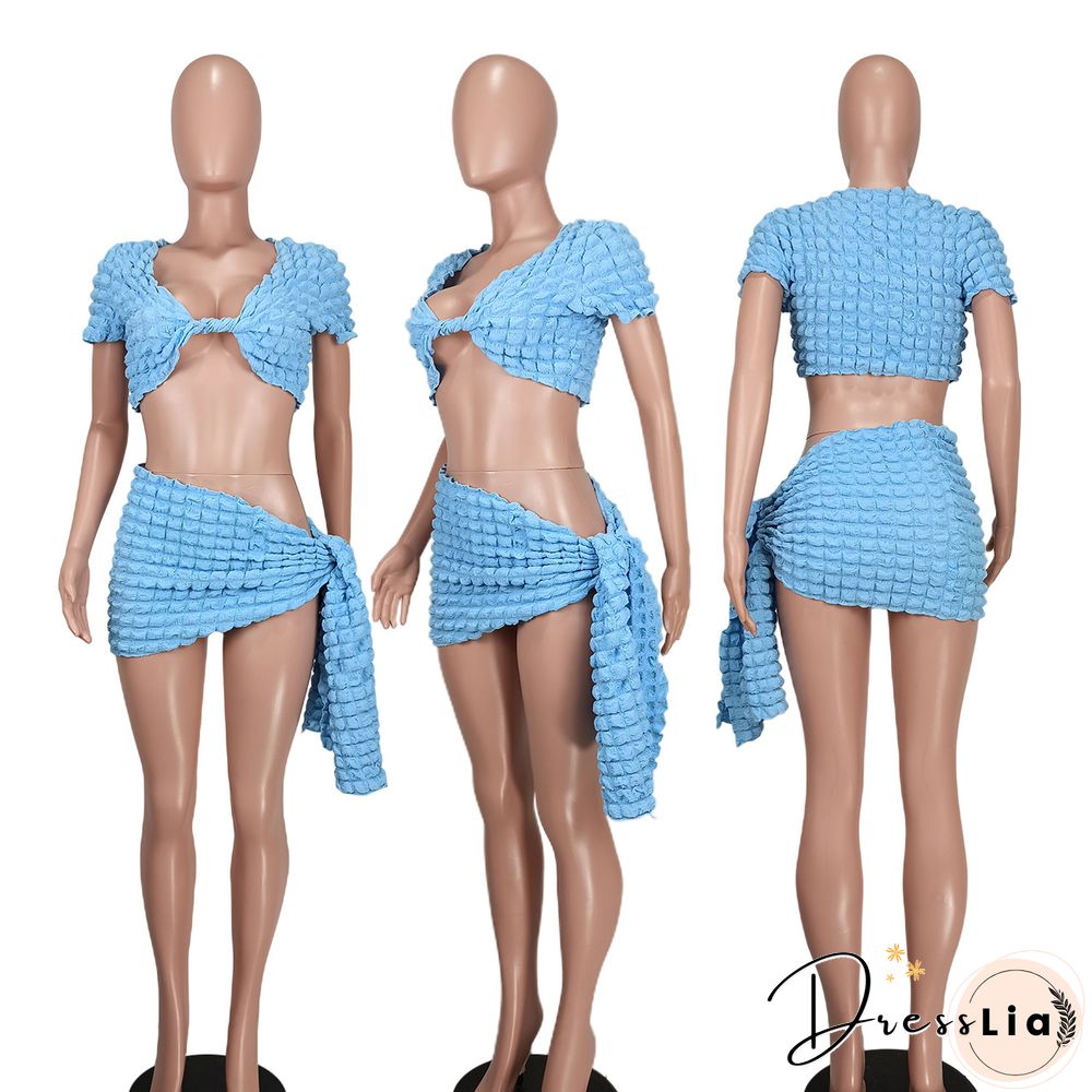 Short Sleeve Crop Tops Lace Up Skirts Two Piece Set
