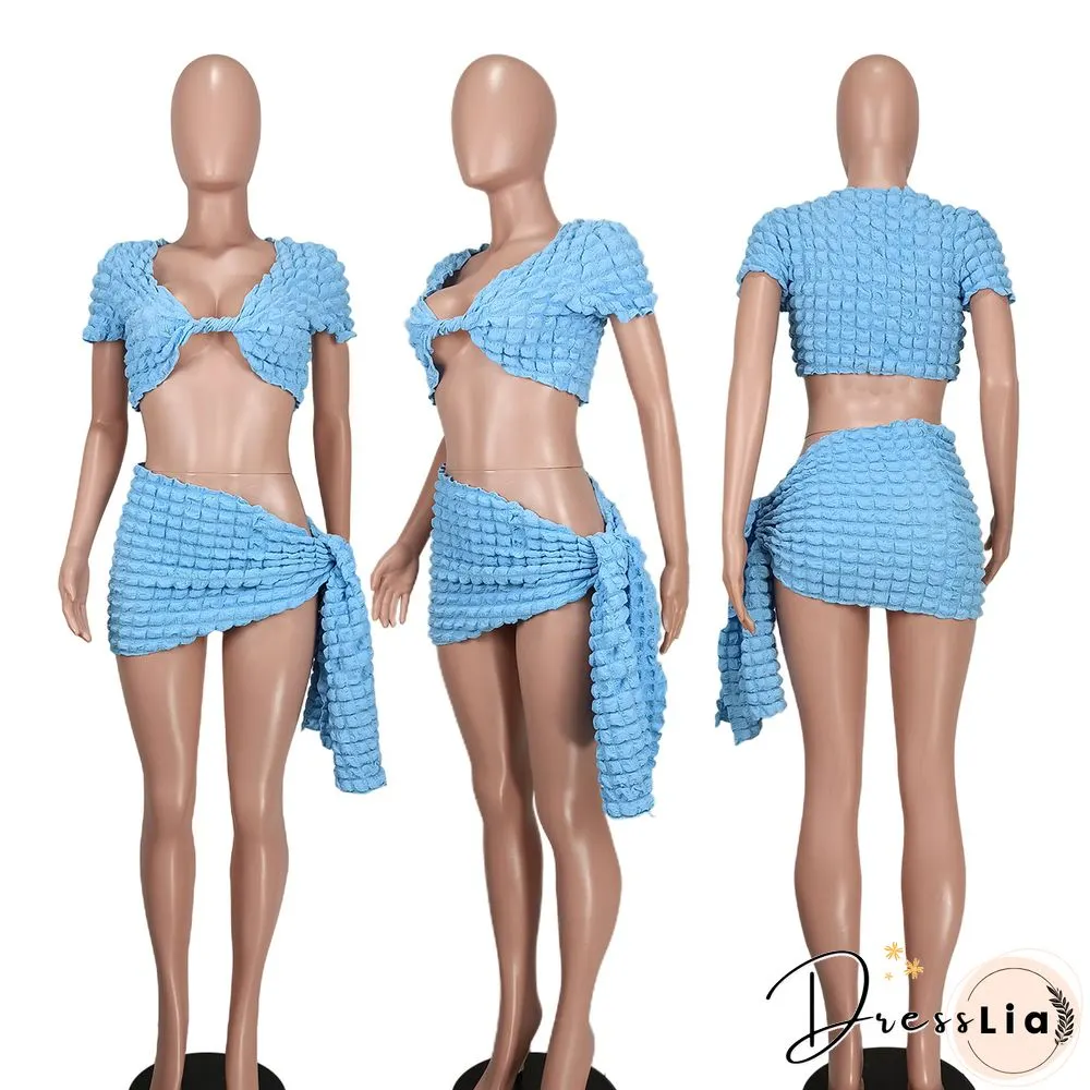 Short Sleeve Crop Tops Lace Up Skirts Two Piece Set