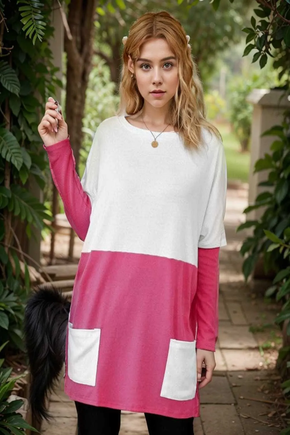 two color stitching pocket loose long sleeve t shirt