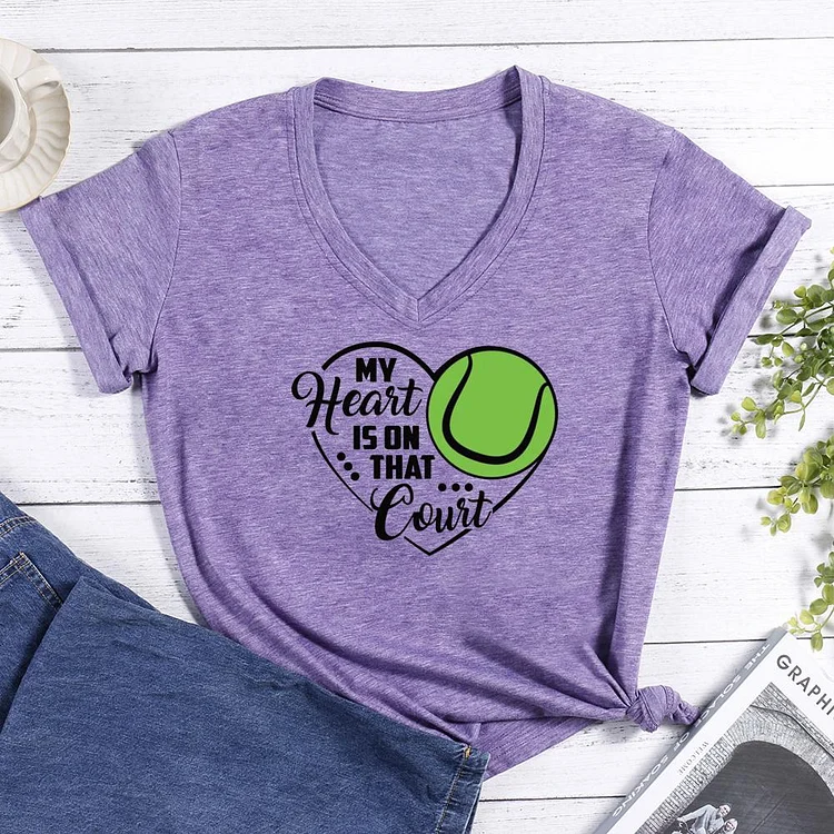 My heart is on that court Tennis V-neck T Shirt-Annaletters