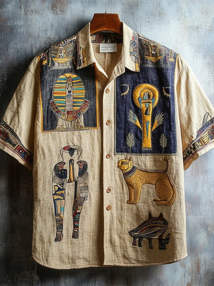 Egyptian Abstract Art Men's Linen Short Sleeve Shirt
