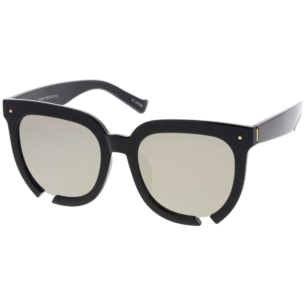 Oversize Notch Detail Square Colored Mirror Flat Lens Horn Rimmed glasses 54mm