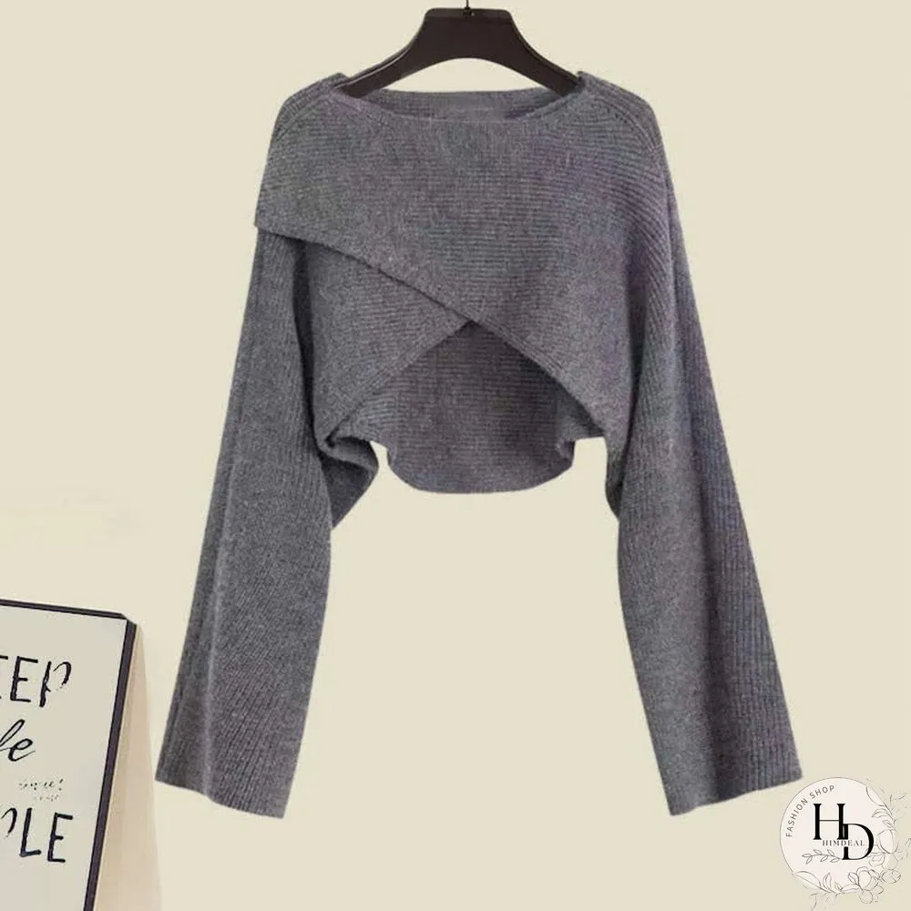 Cross Knit Sweater Flouncing Slip Dress Two Pieces
