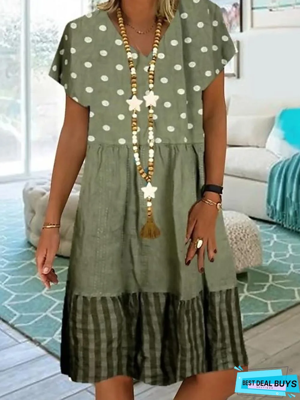 Women's Knee Length Dress - Short Sleeve Polka Dot Print Summer Plus Size Hot Casual Blue Khaki Green