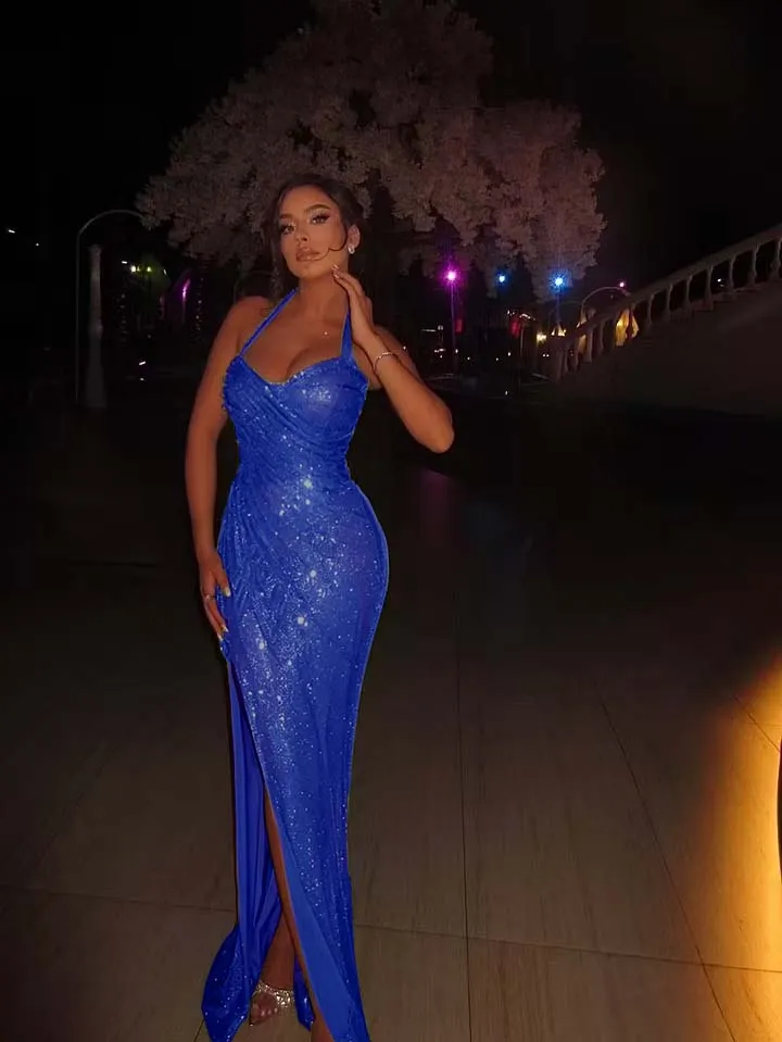 Lussooy Gorgeous Sage Halter Split Pleated Sleeveless Sheath Floor Length Prom Dress 