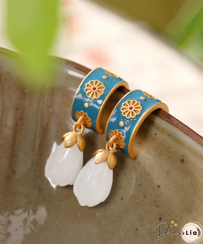 Simple White Copper Inlaid Hetian Jade Stud Earrings