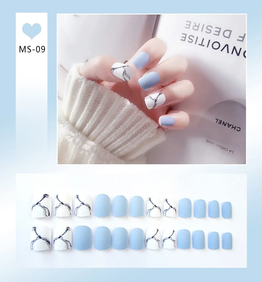 24pcs Matte False Nail Press On Nail With Glue Round Graffiti Fake Nail Manicure Nail Art Decoration  Nail Art Tools-Nail Inspo