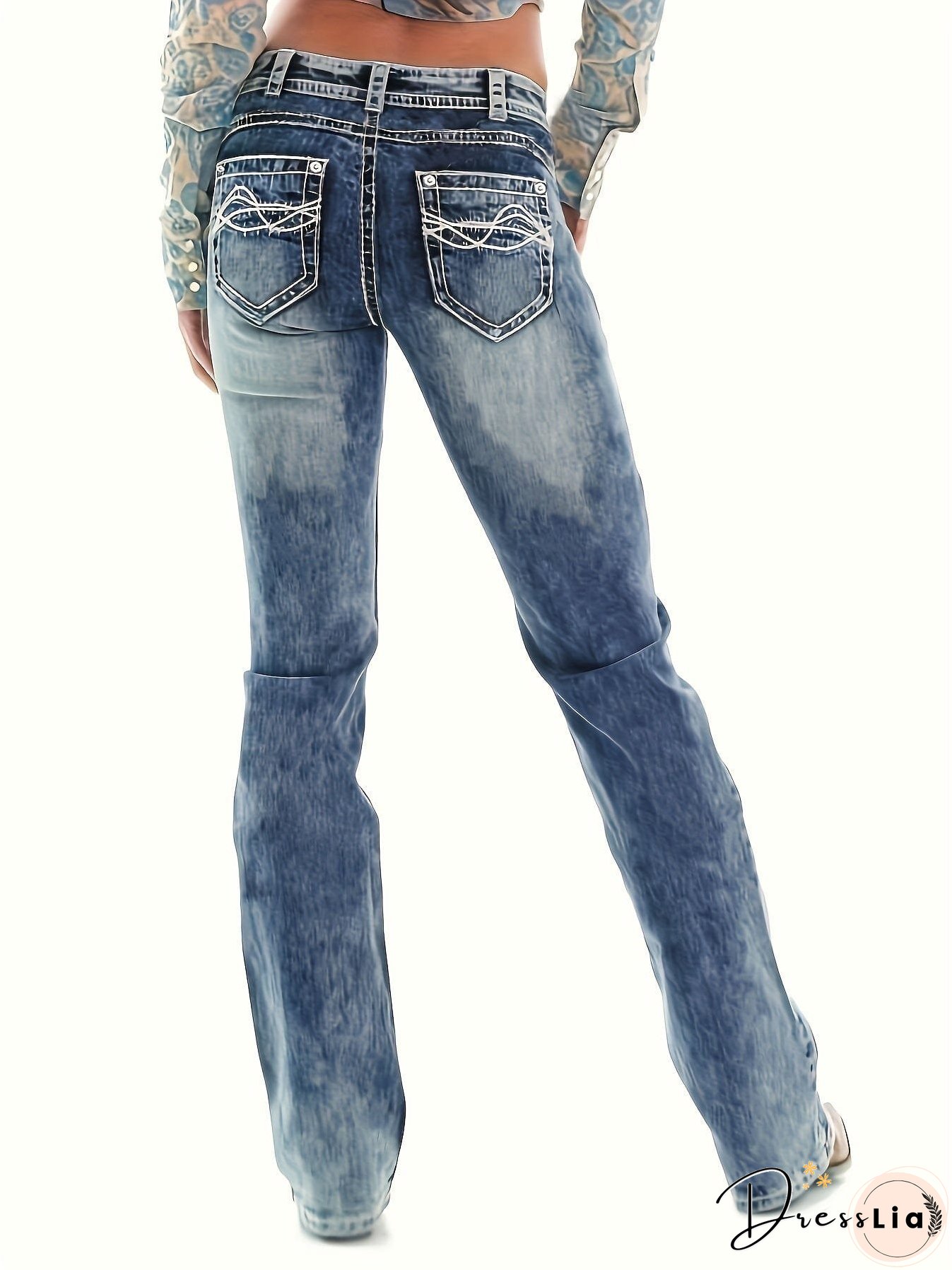 Vintage Ivory Top-Stitching Mid-Rise Boot Cut Denim Jeans