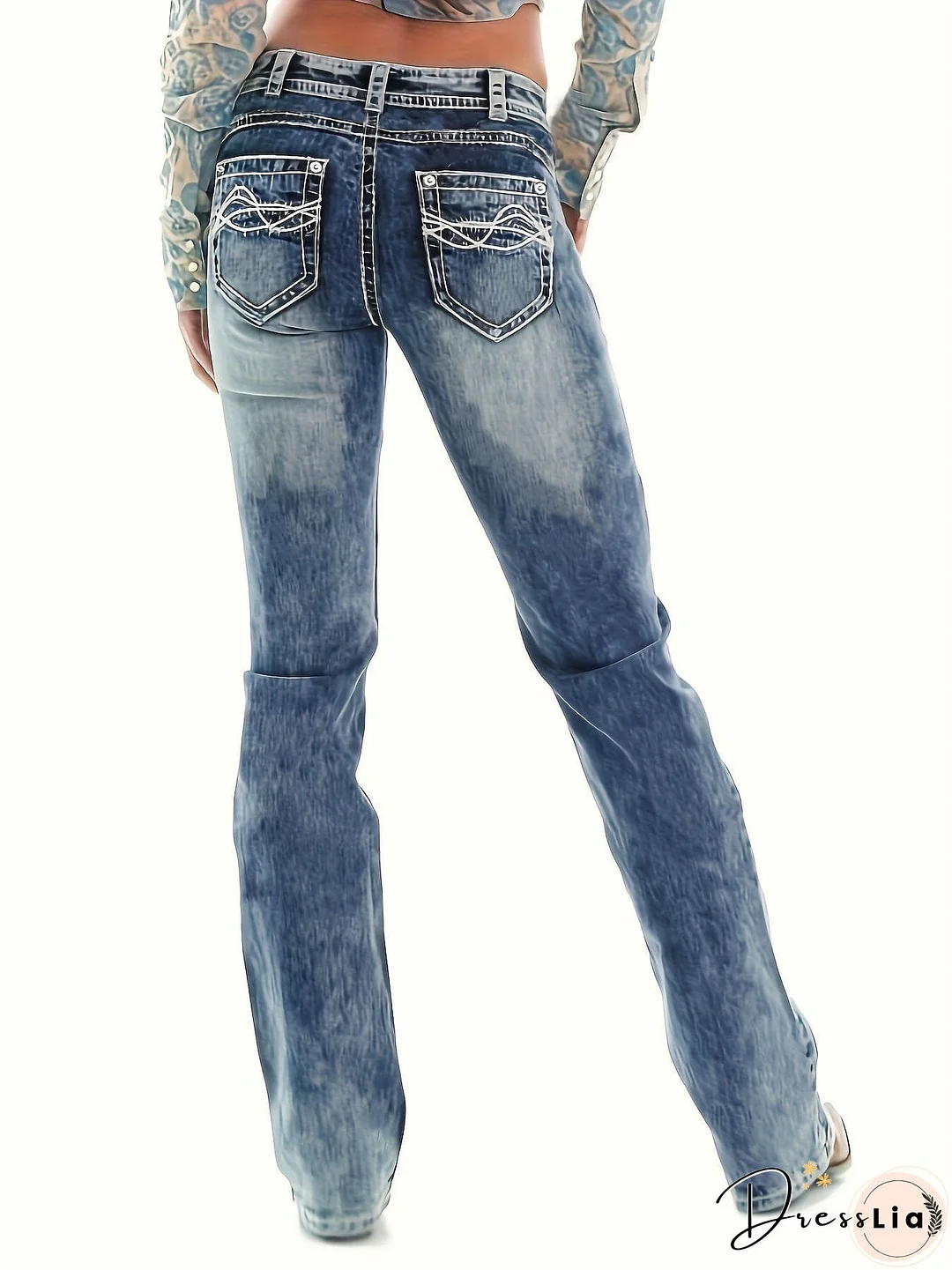 Vintage Ivory Top-Stitching Mid-Rise Boot Cut Denim Jeans