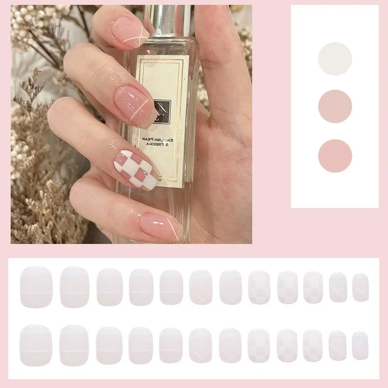 24PCS Press on nails White Black Plaid Nail Patch Cute Style Glue Type Removable Short Paragraph Manicure  False Nail Patch TY