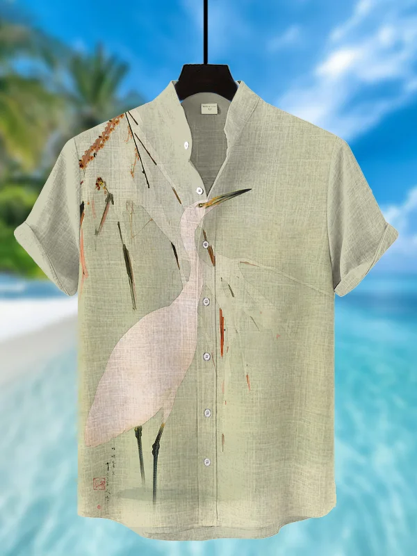 Men's Egret Chinese Art Painting Print Casual Shirt