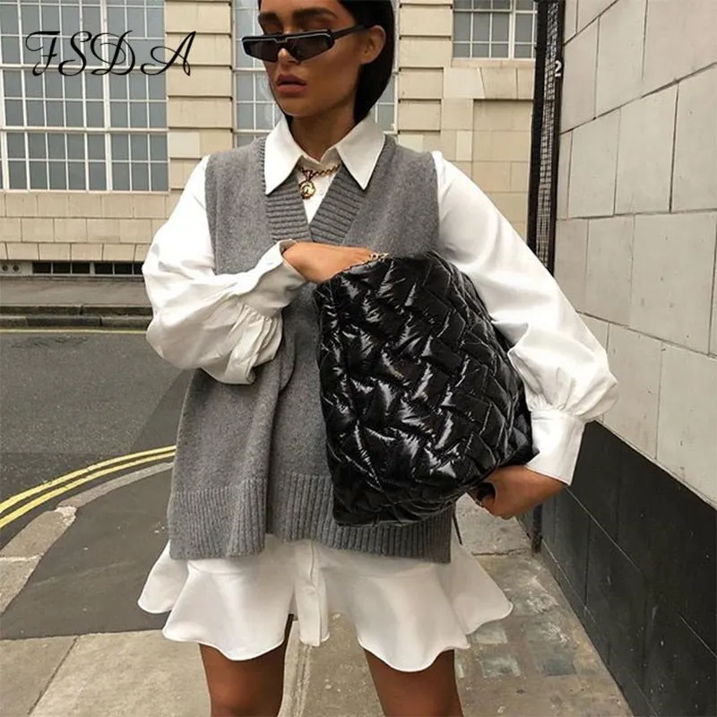 FSDA V Neck 2020 Women Split Vest Sweater Dress Sleeveless Gray Autumn Winter Loose Casual Knitted Jumper Oversized Pullover