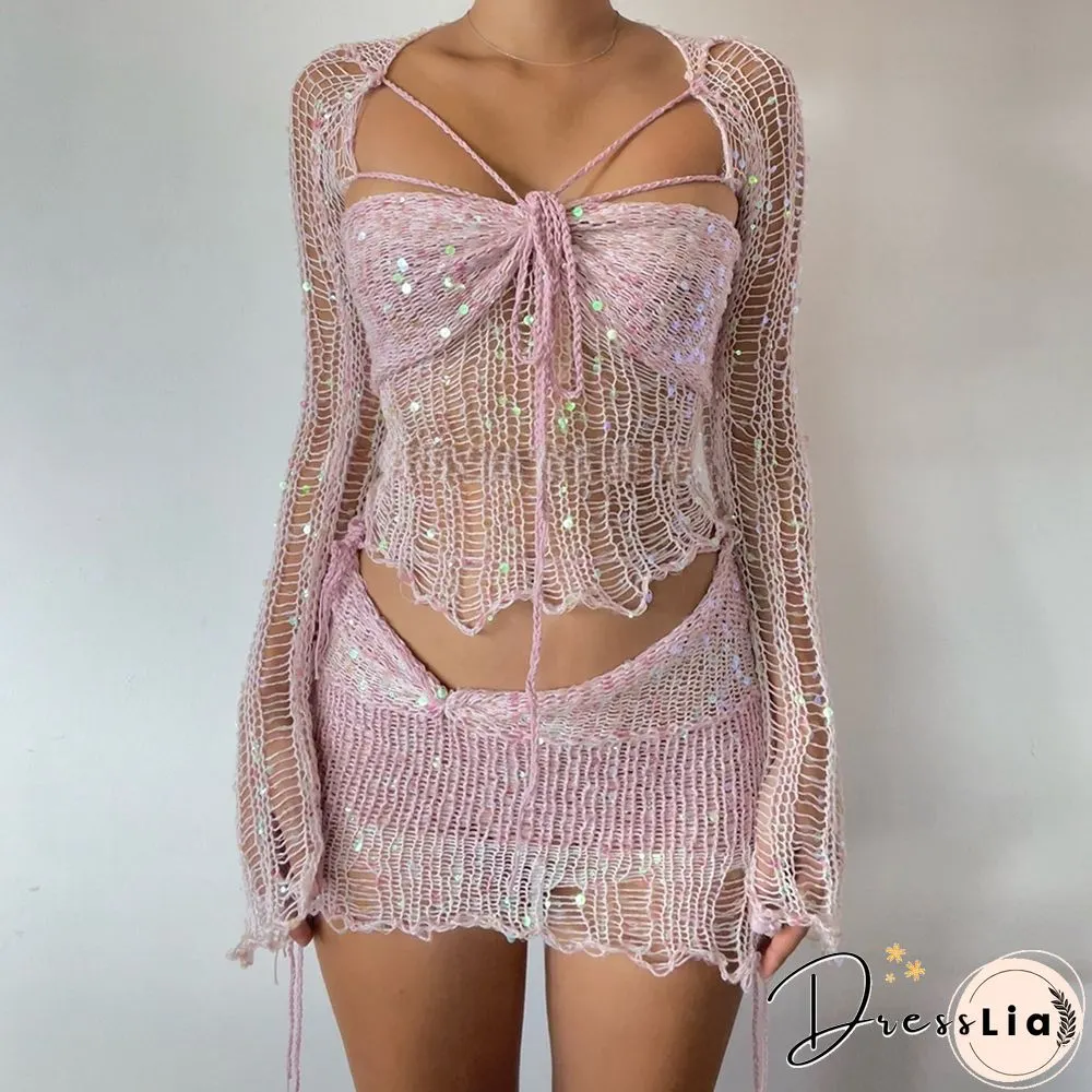 Sexy Sequin Knitted Sweater Three Piece Skirt Sets