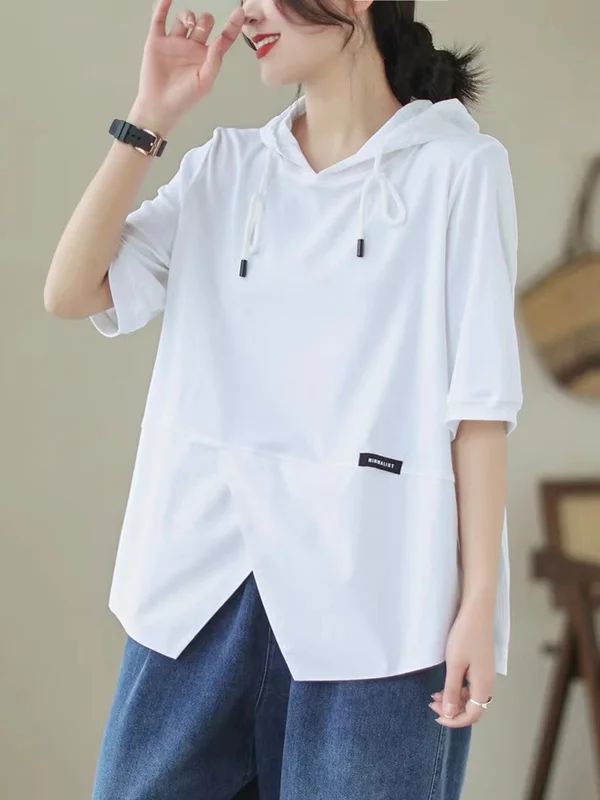 Loose Short Sleeves Drawstring Split-Joint Hooded T-Shirts
