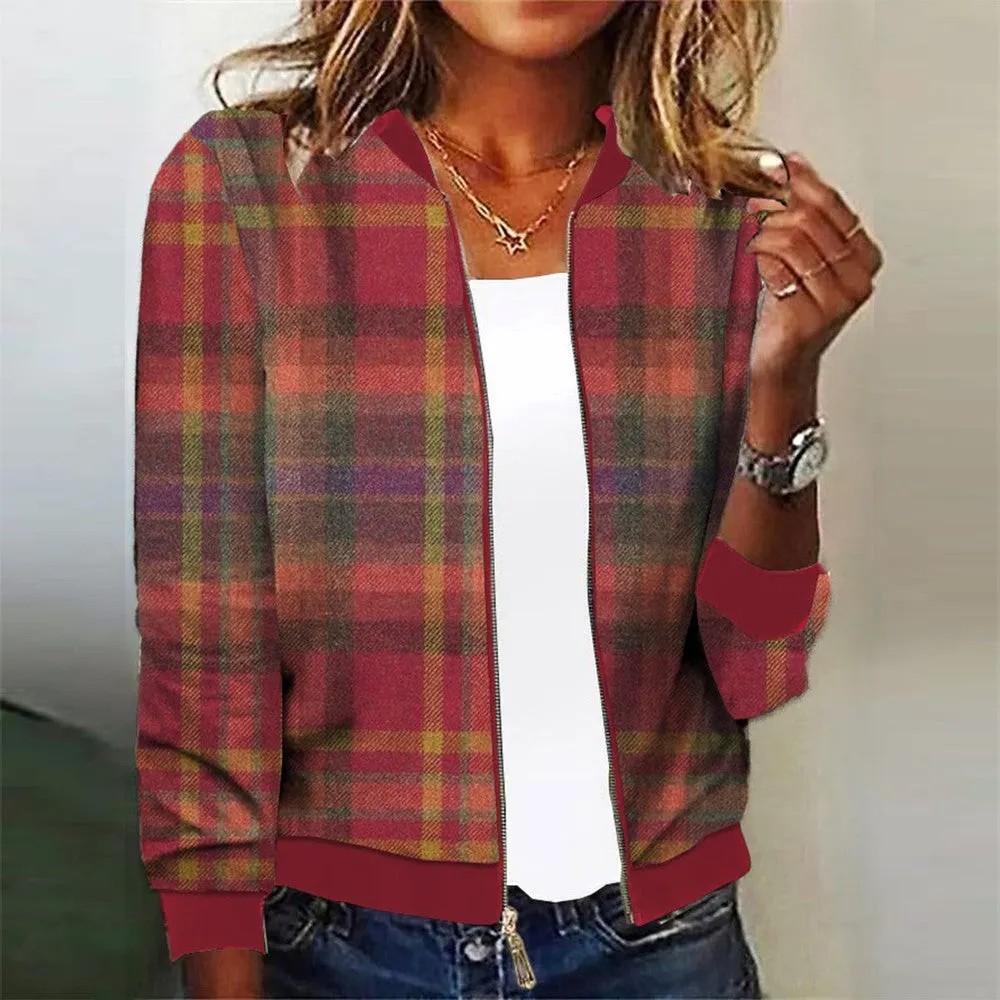 Casual Collarless Plaid Long Sleeve Outerwear