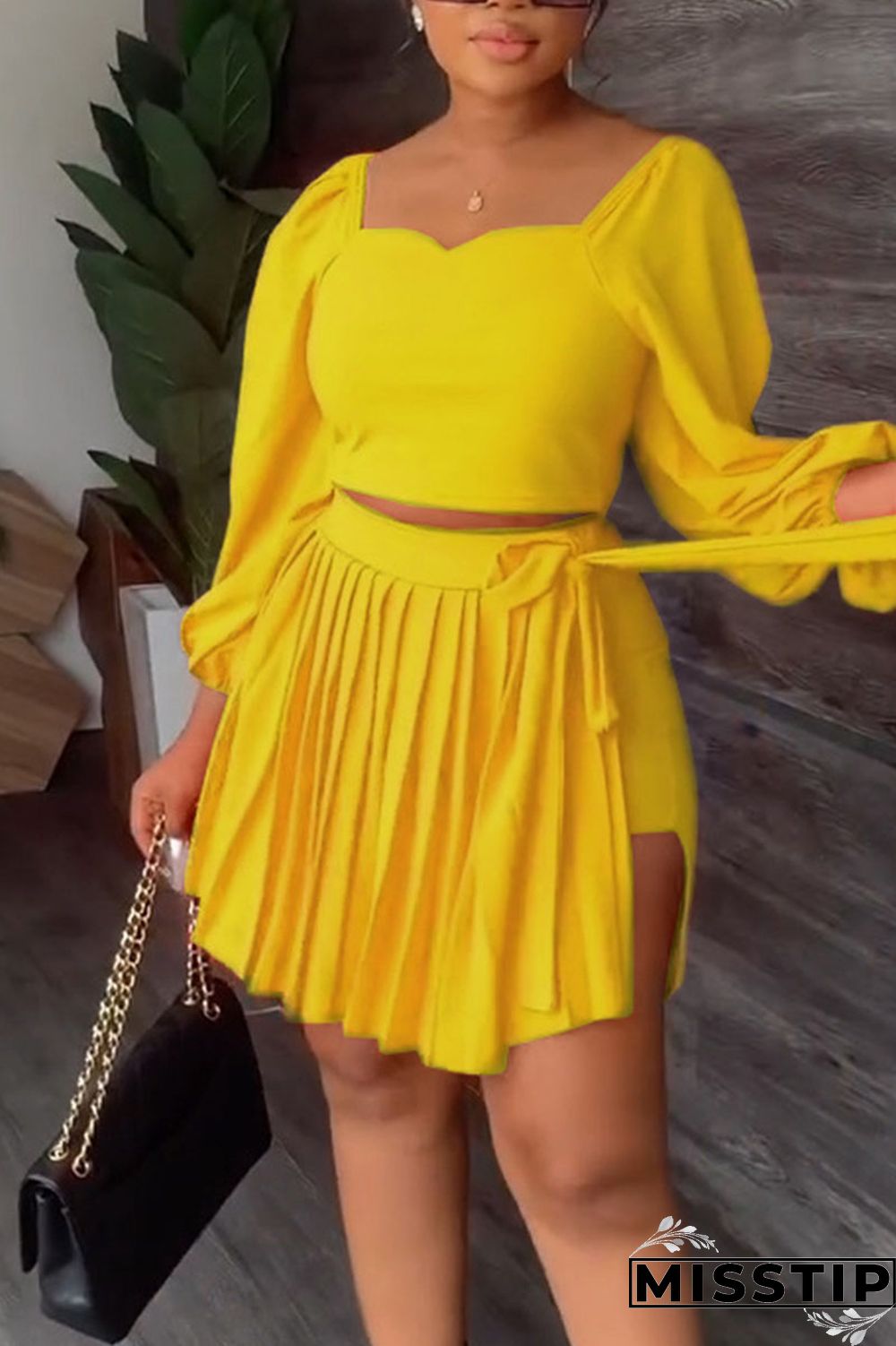 Black Casual Solid Bandage Patchwork Fold Square Collar Long Sleeve Two Pieces