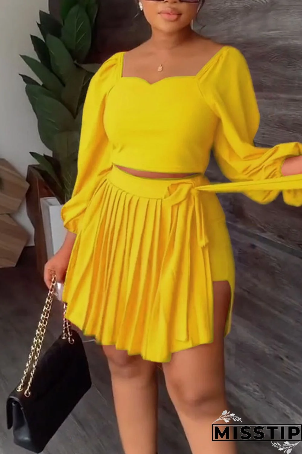 Black Casual Solid Bandage Patchwork Fold Square Collar Long Sleeve Two Pieces