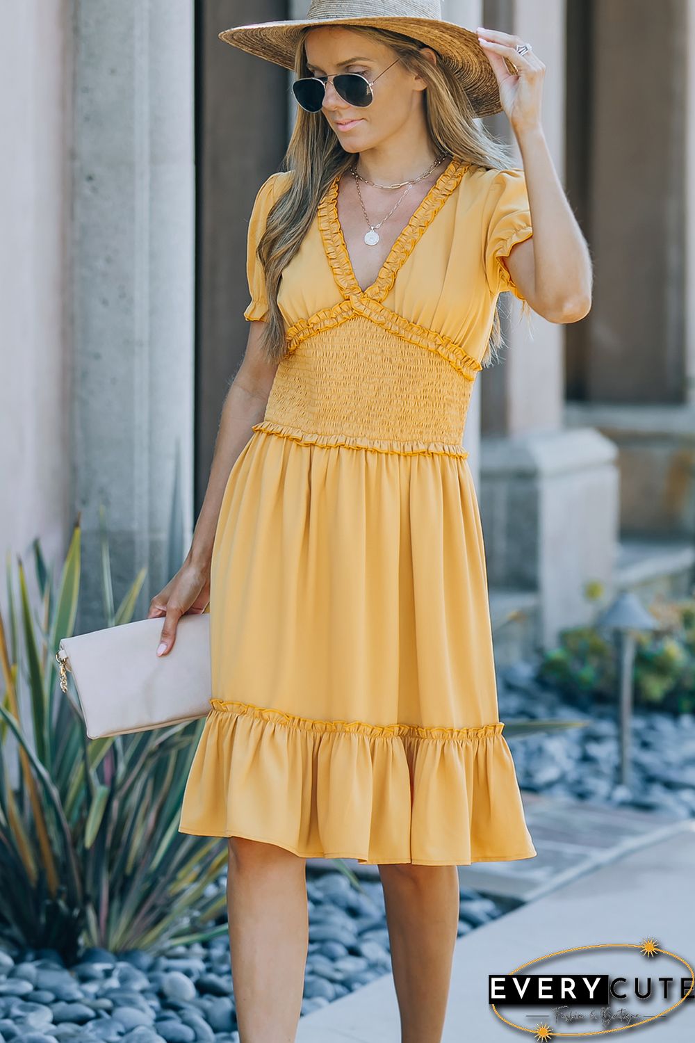 Yellow Frilled Shirred High Waist V Neck Midi Dress