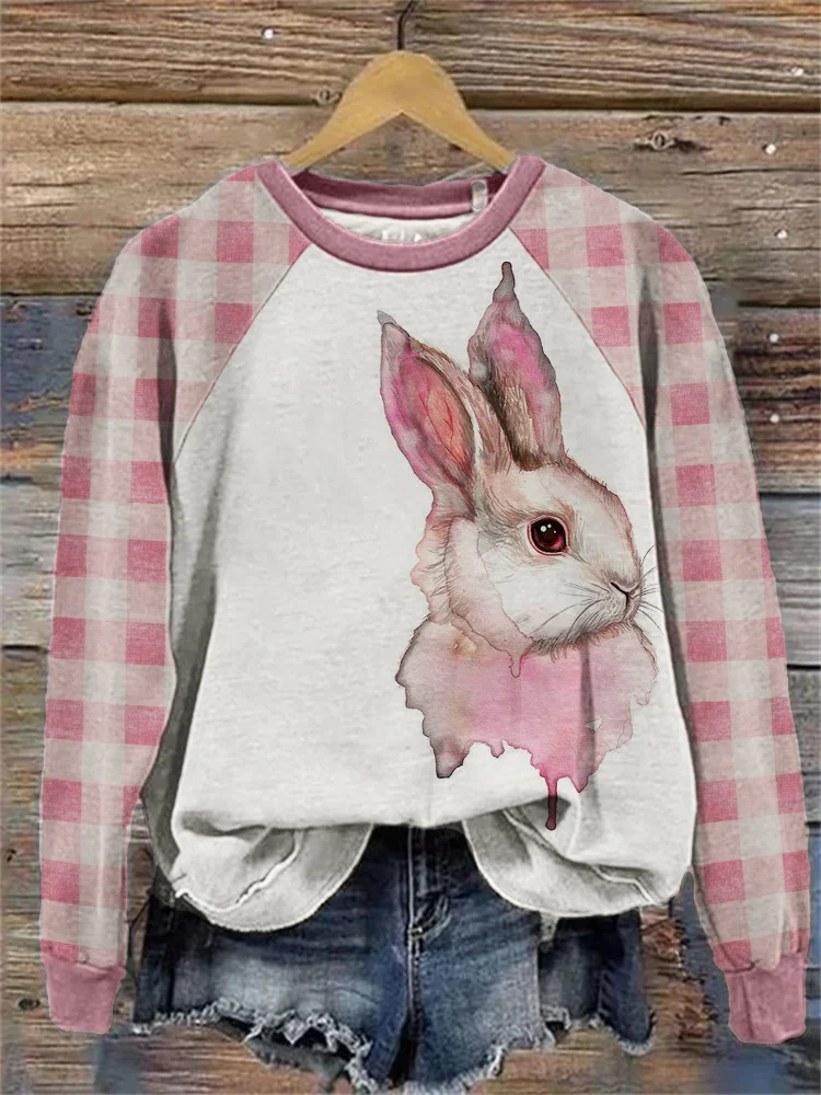 VChics Lovely Bunny Watercolor Check Raglan Sweatshirt