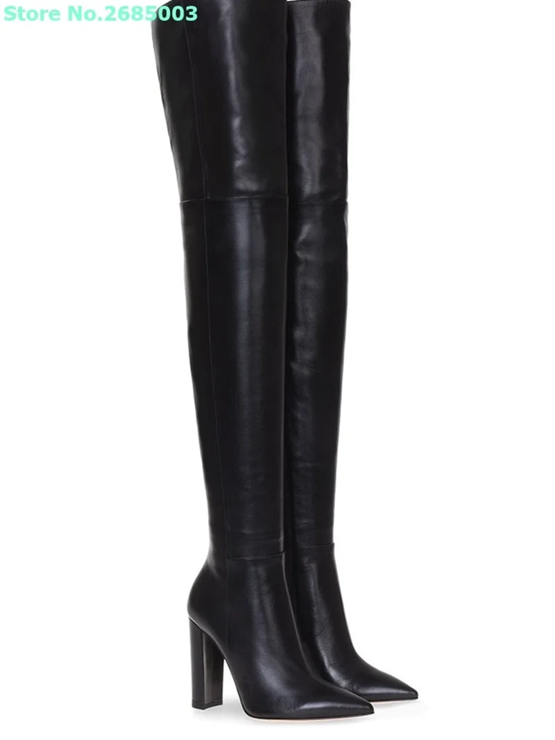 Black Pointed Toe Round Heel Over The Knee Boots Soild Genuine Leather Women Autumn Winter Fashion Boots