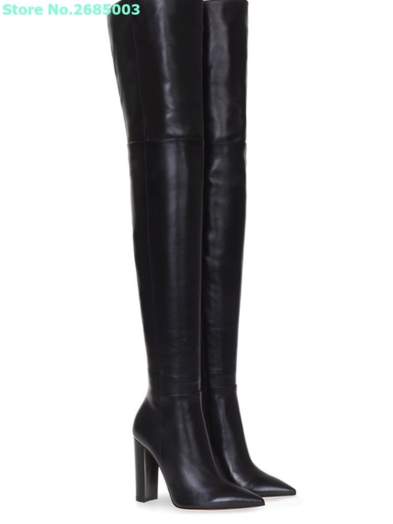Black Pointed Toe Round Heel Over The Knee Boots Soild Genuine Leather Women Autumn Winter Fashion Boots