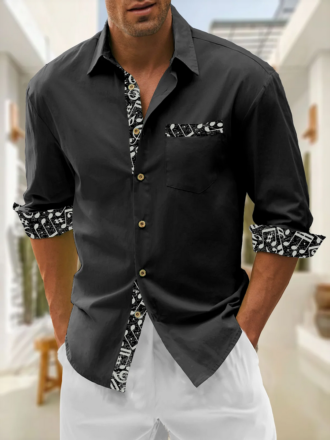 Suitmens Music Print Chest Pocket Long Sleeved Casual Shirt