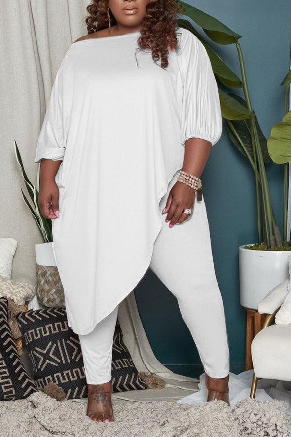Plus Size Set Loose Solid Color Two-piece Diagonal Shoulder Pant Set