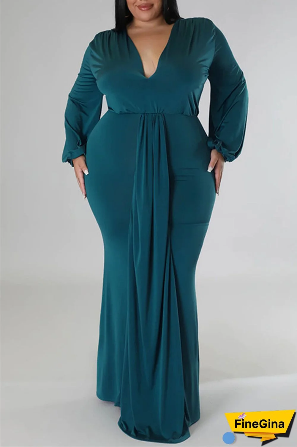 Green Casual Solid Patchwork V Neck Long Sleeve Plus Size Dresses