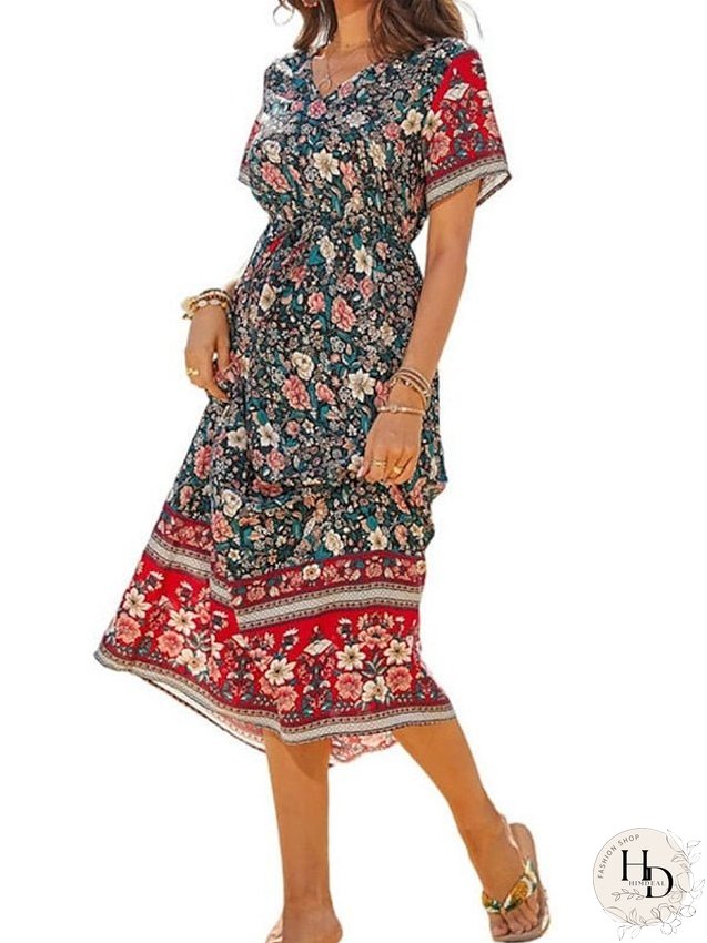 Casual Dress Swing Dress Floral Dress Long Dress Maxi Dress Black Blue Royal Blue Short Sleeve Floral Print Spring Summer V Neck Loose Fit S M L XL XXL 3XL for Women