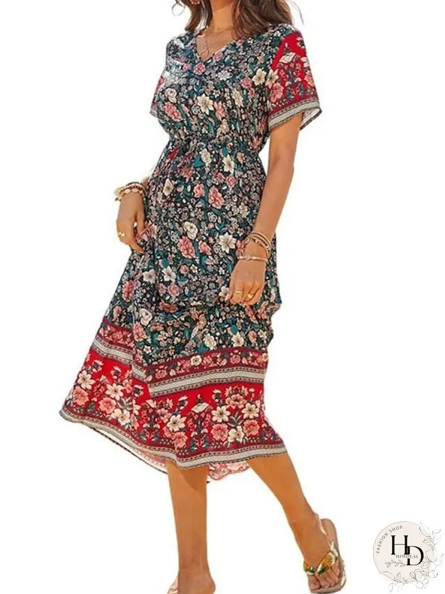 Casual Dress Swing Dress Floral Dress Long Dress Maxi Dress Black Blue Royal Blue Short Sleeve Floral Print Spring Summer V Neck Loose Fit S M L XL XXL 3XL for Women