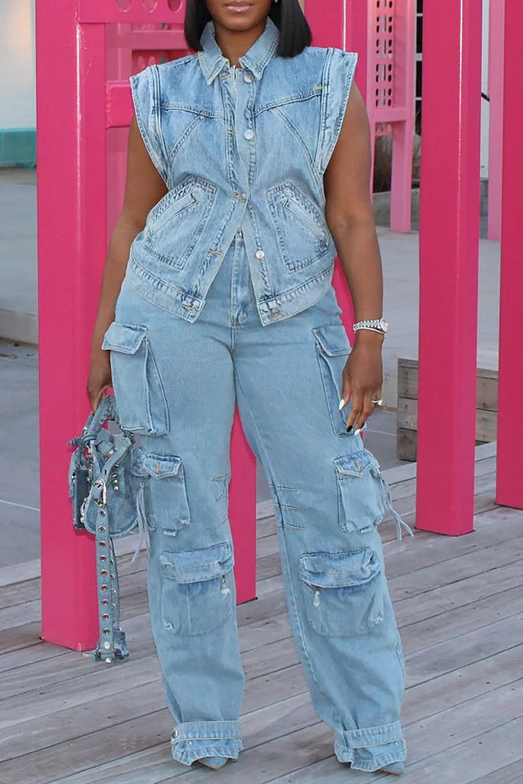 Plus Size Blue Casual Denim Lapel Button Pocket Cargo Cap Sleeve Two Piece Pant Sets [Pre-Order]