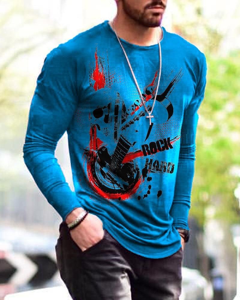 men's blue abstract printed long-sleeved T-shirt