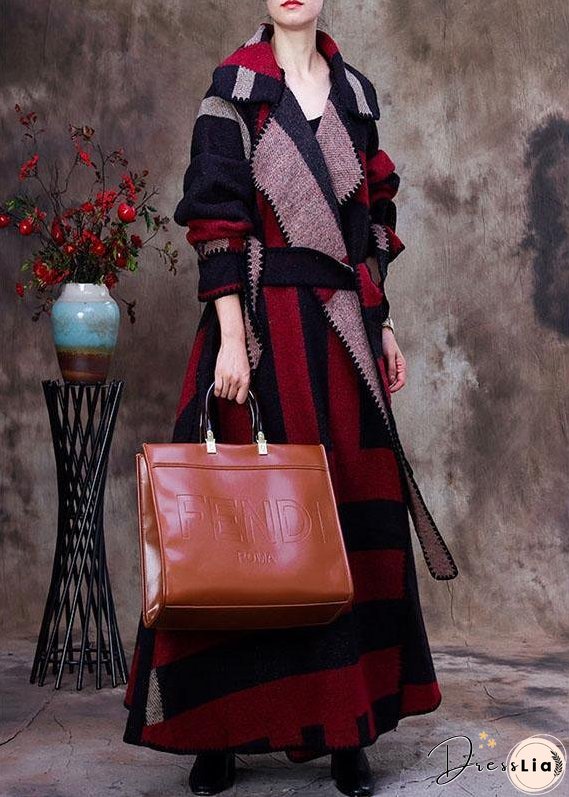 Simple Red PeterPan Collar Plaid tie waist Winter Woolen Long sleeve trench coats