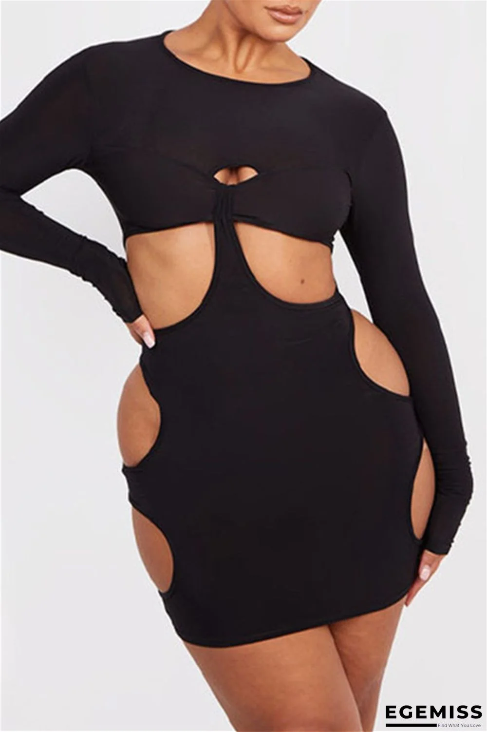 Black Fashion Sexy Solid Hollowed Out O Neck Long Sleeve Dresses | EGEMISS