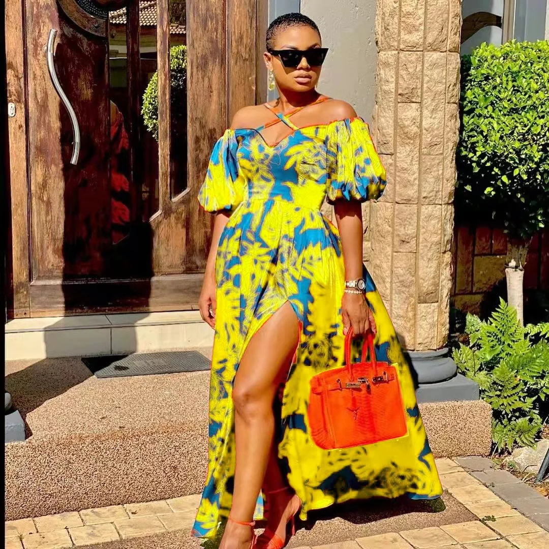 Uveng Uveng New Spring-Summer Women's Dress Print Open Fork Bra Hanging Neck V-Neck Dress