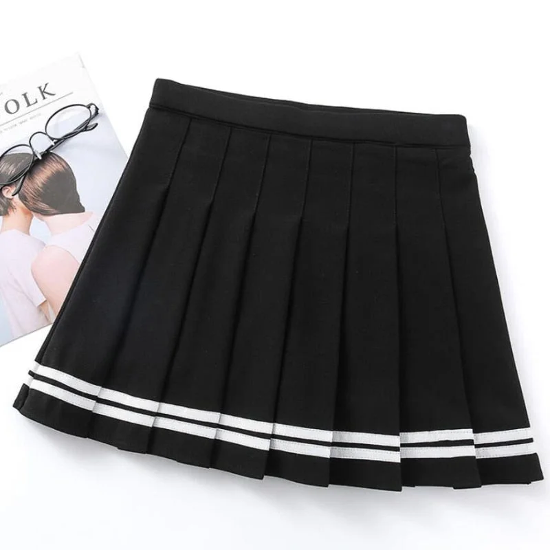 Zoki Fashion Striped Women Pleated Skirt High Waist Zipper Summer JK Girls Dancing Mini Skirt Korean Sweet Summer Black Skirts