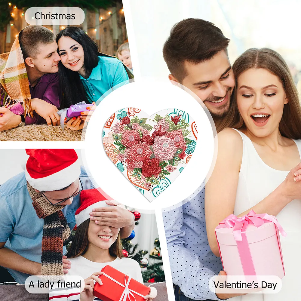 6pcs DIY Heart Rose Special Shape Diamond Painting Greeting Card Kit【With White Envelope】