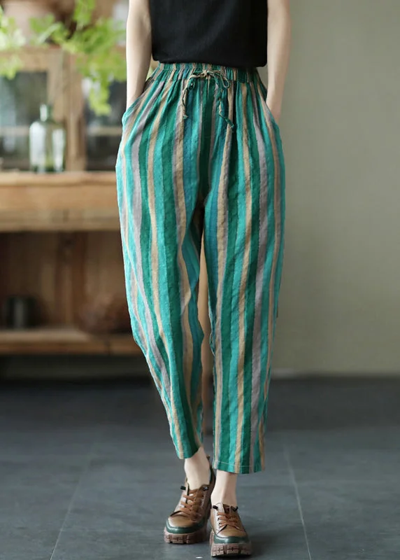 Loose Green Striped Elastic Waist Cotton Harem Pants Summer