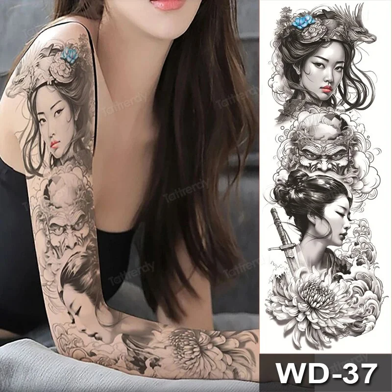 Sdrawing Size Leg Thigh Temporary Tattoo Stickers Full Arm Sleeve Wolf Carp Fox Peony Flower Fake Tattoo Sleeves Sexy Body Painting